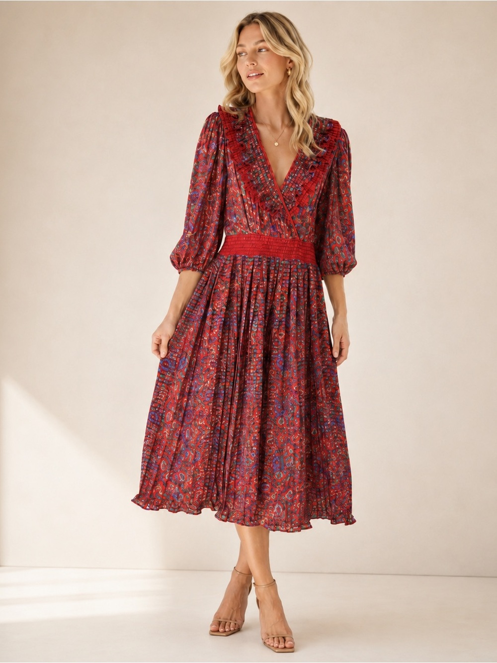 Diane Freis Vintage Red Floral Paisley Midi Dress Ruffle Boho M/L